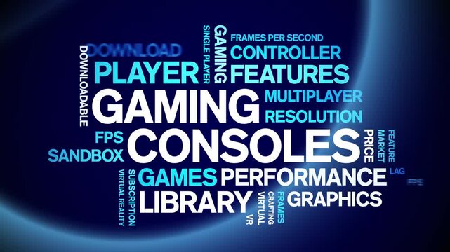 Gaming Consoles animated word cloud-gross domestic product animation tag kinetic typography seamless loop.