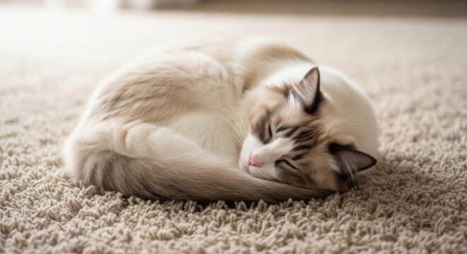 A fluffy ragdoll cat curled peacefully sleeping on a textured carpet indoors.