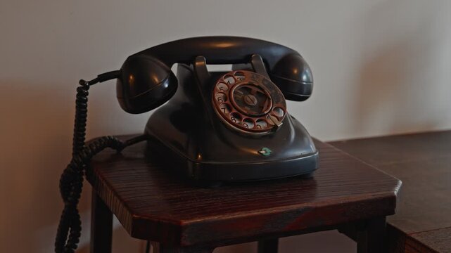 A steady zoom in on a classic black rotary dial telephone. The shot focuses on the weathered metal dial and the coiled handset cord, highlighting its antique texture.