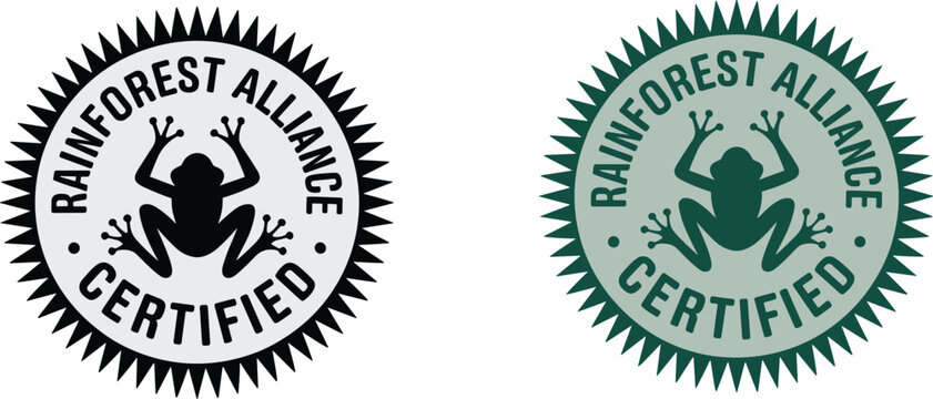 Rainforest Alliance certified seal badge with frog logo, eco friendly certification mark, sustainable product label, environmental protection symbol design concept