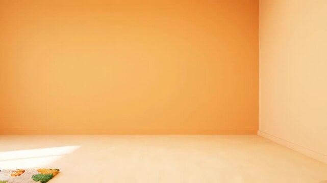 An empty room transforms with warm orange walls and a cozy rug. This bright space features a playful rug and wooden blocks, perfect for kids.