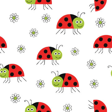  Cute ladybug and daisy flower seamless pattern on white background for kids