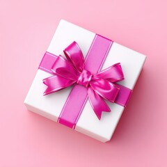 Naklejka premium Celebration And Gift Giving White Gift Box With Pink Ribbon On Pink Background For Birthday Anniversary Or Valentine'S