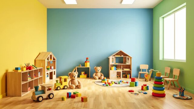 An empty room transforms into a vibrant, colorful children's playroom filled with toys. This bright, inviting space is perfect for kids to learn, play, and grow.