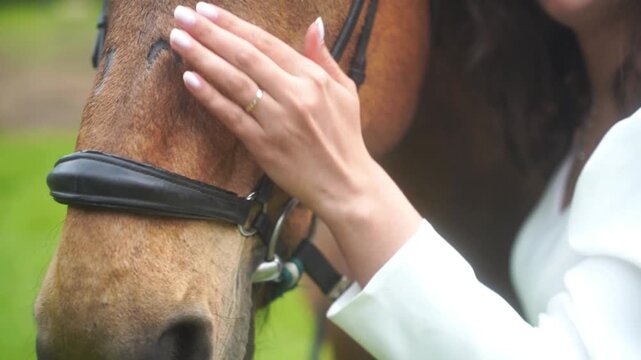 Happy bride stroking a horse on a mountain hill