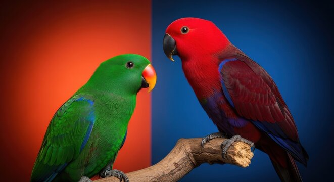 A vibrant male and female Eclectus parrot pair perched on a branch against a contrasting abstract background