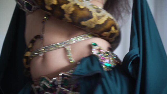 Beautiful woman belly dancing with snake oriental dance at Turkish wedding