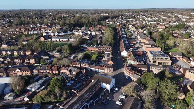 Panning drone aerial Chalfont St Peter town centre Buckinghamshire UK