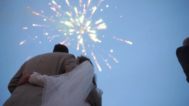 Night evening is the background. The general plan for the belt. At the wedding, guests and newlyweds see a beautiful salute in the sky. The bride and groom with relatives and friends