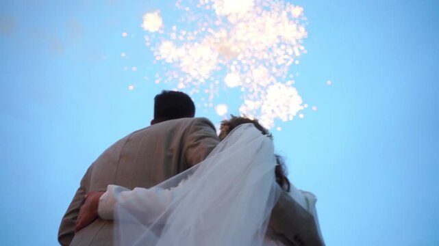 Night evening is the background. The general plan for the belt. At the wedding, guests and newlyweds see a beautiful salute in the sky. The bride and groom with relatives and friends