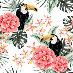 Fototapeta premium Tropical toucans, pink roses, orchid flowers, palm leaves, white background. Seamless pattern. Vector illustration. Exotic plants, birds. Summer beach design. Paradise nature