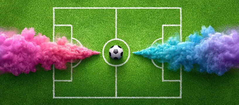Gender Reveal Party Concept Soccer Theme Pink And Blue Smoke On A Football Field Baby Shower Celebration Expecting Parents New Life