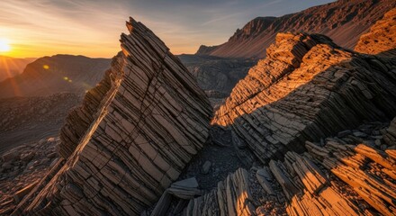 Jagged Rock Formations Bathed in Golden Sunset Light Across Rugged Mountainous Landscape
