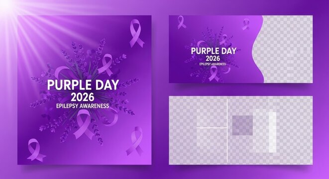 Set of epilepsy awareness social media templates with lavender and ribbons