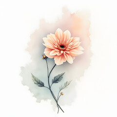 Fototapeta premium peach flower with green stem and leaves on watercolor background