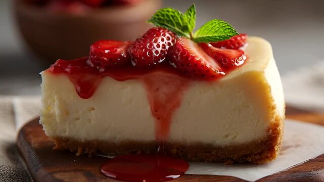 Sweet and creamy baked cheesecake slice with fresh strawberry glaze and mint garnish