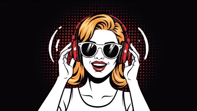 Retro woman wearing headphones and sunglasses, smiling broadly against a dark background