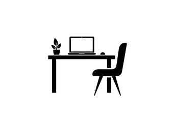 Fototapeta premium Office workspace desk with laptop and chair, minimalist vector icon