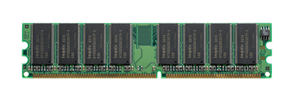 Dnipro, Ukraine 15.01.2026: Green computer RAM memory stick with Hynix semiconductor chips isolated on white background. Hardware component for data storage and computer upgrade.