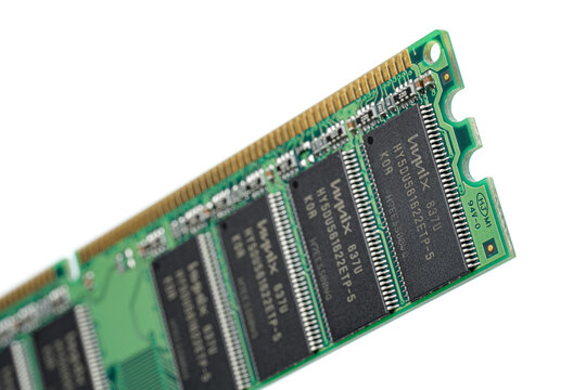 Dnipro, Ukraine 15.01.2026: Green computer RAM memory stick with Hynix semiconductor chips isolated on white background. Hardware component for data storage and computer upgrade.