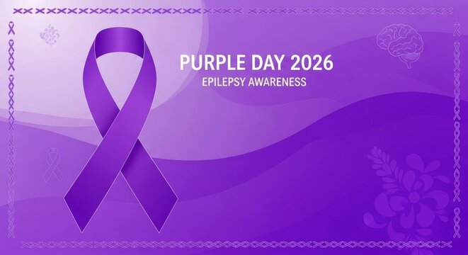 Purple day 2026 epilepsy awareness banner with large ribbon and decorative brain outline