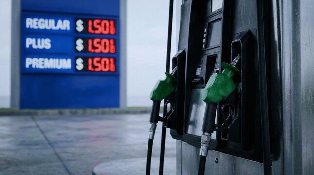 A gas pump at a fuel station with a digital price sign displaying the cost of regular, plus, and premium gasoline.
