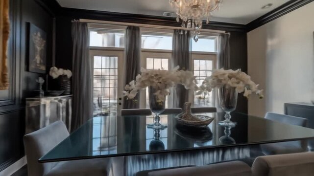 Elegant dining room interior with painting and decorative elements