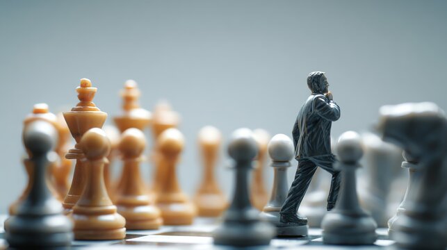 A close-up of a chess game featuring a thoughtful player figurine contemplating his next move amidst intricately designed pawns. Perfect for illustrating strategy and mind games.