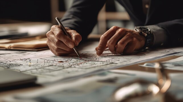 A close-up view of a professional's hands as they analyze and annotate a detailed map with a pen, symbolizing planning, strategy, and precision in the business environment.