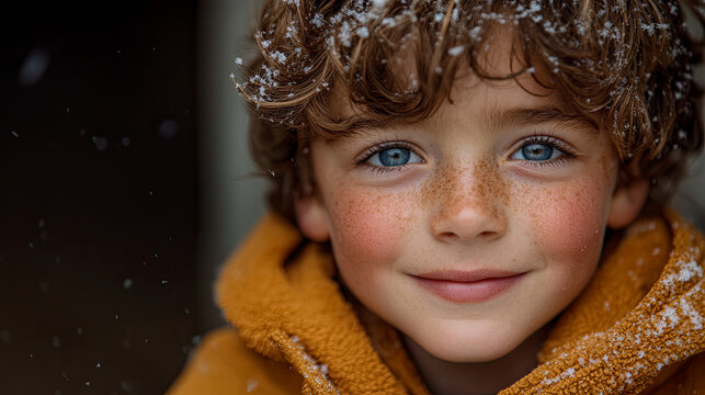 Close-up portrait of adorable young boy with striking blue eyes, freckles, and curly brown hair dusted with fresh snowflakes, wearing warm mustard-yellow jacket, capturing innocent joy of winter day.