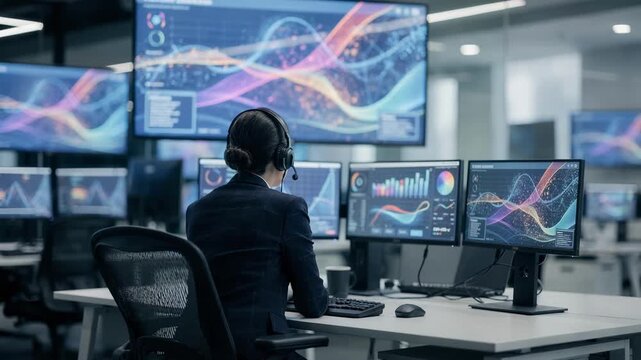 Agent in headset coordinating video banking sessions with clients surrounded by vibrant multiscreen displays highlighting realtime data analytics in a service hub.