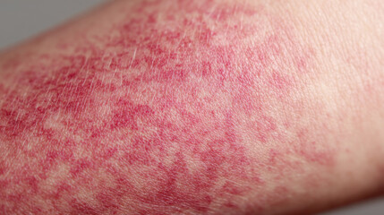 Fototapeta premium Close-up of widespread red rash across skin surface with uneven tone and visible irritation indicating allergic reaction or severe skin sensitivity