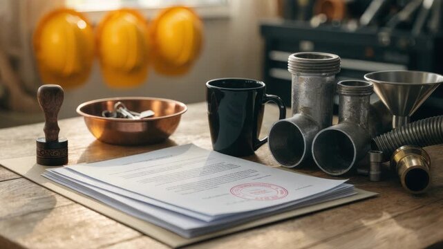 Contractor workspace with loan closing documents and collateral on a table a stamped approval stands out in focus while construction gear fades into background blur.