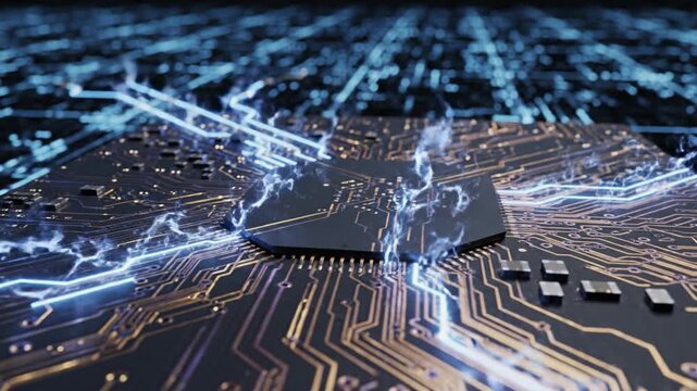 Futuristic microchip electric circuit blue technology innovation energy digital electronic power science closeup modern hardware data abstract high tech glowing electricity network component board
