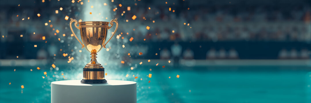 the champion's gold cup on the podium in the swimming pool