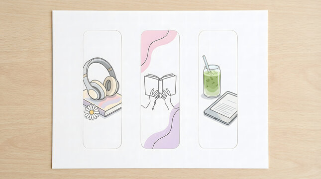 Minimalist bookmark set featuring line art illustrations of headphones on a book, hands holding a book, and an e-reader with iced matcha. Clean aesthetic for reading and podcast lovers.