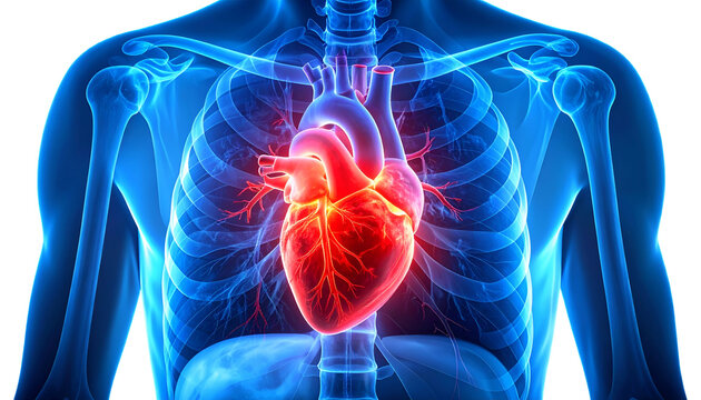 Medical depiction of a human heart glowing red inside a translucent blue ribcage