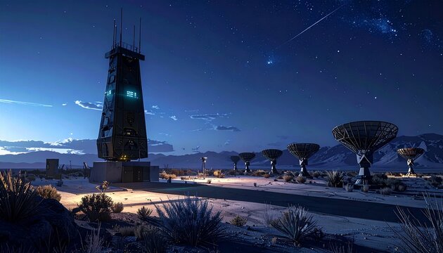 Satellite dishes under starry night