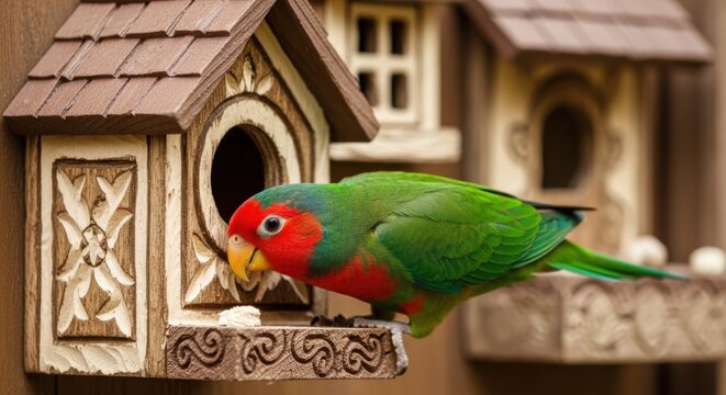 Vibrantly colored small parrot with red face peeking into a wooden birdhouse, showcasing its colorful plumage and curious nature