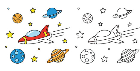 Outer Space Coloring Page for Kids with Rocket Ship, Planets, and Stars. Educational Activity Illustration for Children with Colored and Line Art Vector Versions for Learning. © SHOHAG