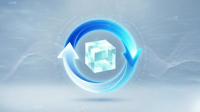 3d translucent cube with rotating circular arrows on blue digital background for technology and data processing concepts