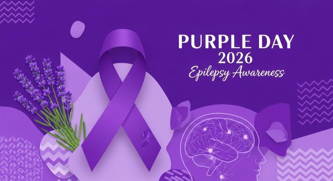 Purple day 2026 epilepsy awareness with lavender and brain illustration