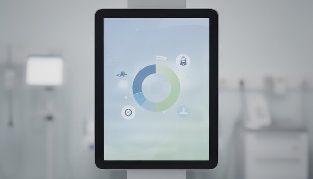 Medium shot showing a sleek digital screen presenting ambulance coverage info focusing on a central infographic with blurred edges for depth.