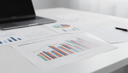 Obraz premium Medium shot of charts on a clean desk highlighting an aggressive asset allocation with stocks sharply in focus and less defined bonds and alternative investments in the background.