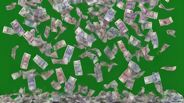 Scattered torn fragments of currency notes on a green background