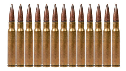 Naklejka premium Ten rifle cartridges arranged in a straight line on a white background. Each cartridge has a pointed bullet and brass casing