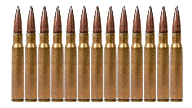 Ten rifle cartridges arranged in a straight line on a white background. Each cartridge has a pointed bullet and brass casing