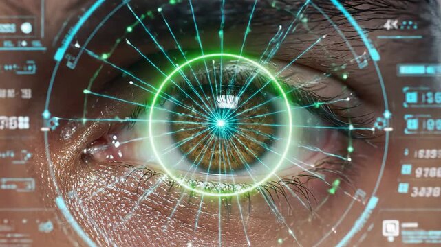 Biometric eye scan with digital hud graphics for iris recognition and security authentication