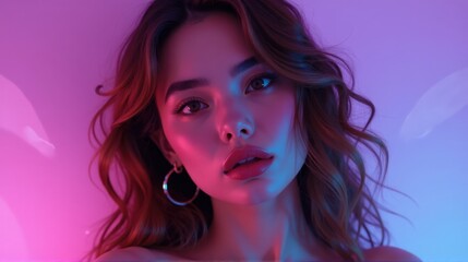 Fototapeta premium A stunning portrait of a young woman illuminated by vibrant neon lights in shades of pink and blue.