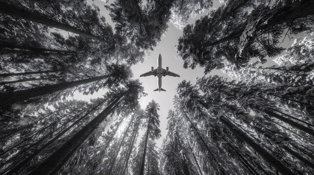 xtreme low-angle shot looking straight up. A dense pine forest lines the sides of the frame, with the underbelly of an airplane visible in the sky at the center of the image